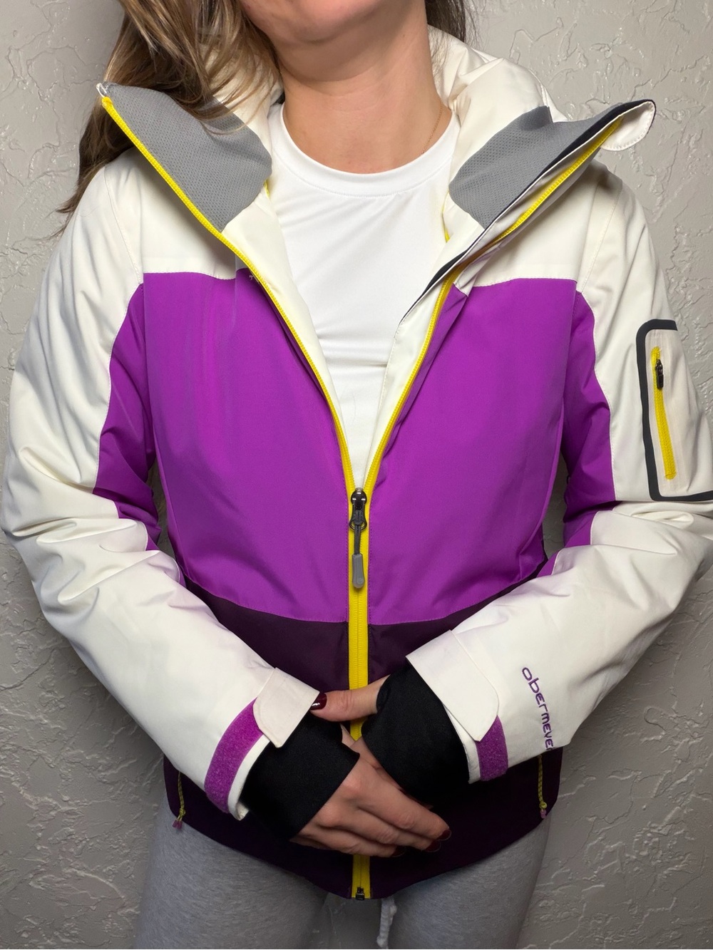 Obermeyer White, Purple & Yellow Colorblock Ski Jacket
